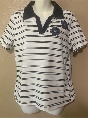 33. On 12th size L Navy Striped Top Denim Embroidered Flowers - NWT